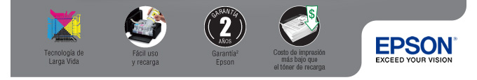 Tecnología de Larga Vida / Fácil uso y recarga / Garantia Epson /Costo de impresión más bajo que el tóner de recarga